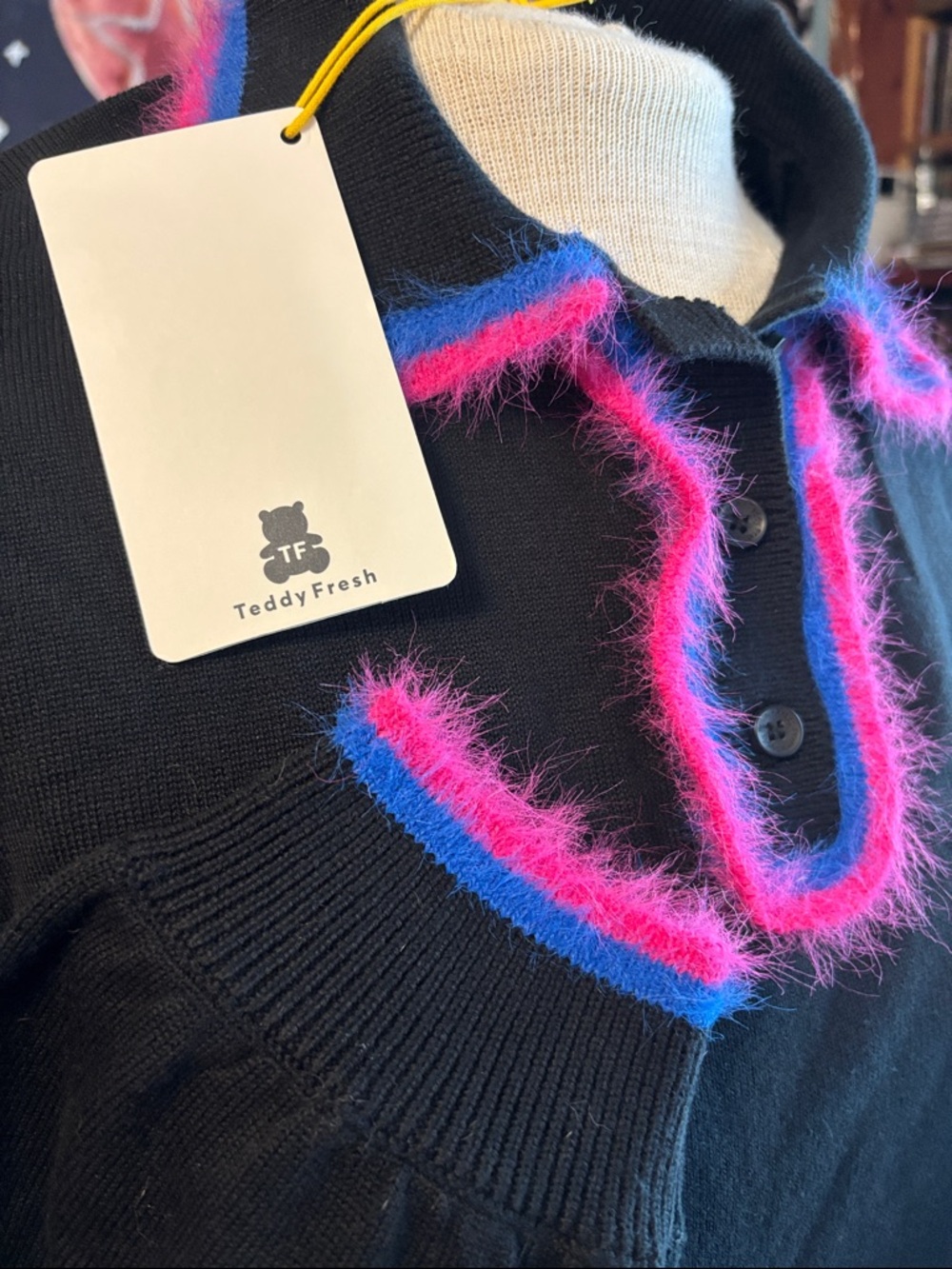 Teddy Fresh Black V-Neck Sweater with Pink & Blue Fuzzy Trim NWT Rare. - Picture 7 of 13
